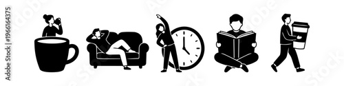 Minimalist black and white vector silhouettes depicting daily lifestyle routines: drinking coffee, relaxing on a couch, exercising, reading, and walking with a takeaway cup.