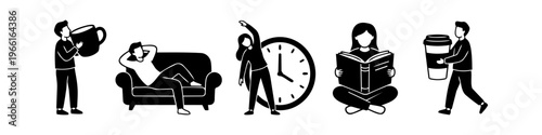 Set of black and white flat vector illustrations depicting daily routines: coffee drinking, relaxing on a sofa, exercise, reading, and commuting. Ideal for healthy lifestyle and self-care themes.
