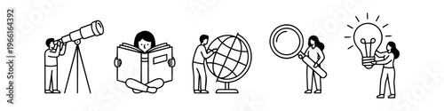 Black and white line art icons of people engaged in research, reading, and discovery using a telescope, globe, and lightbulb. Ideal for education, science, and innovation concepts.