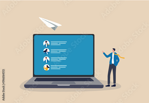 Mailing list to send email campaign, subscription email management software, sending promotion or communicate marketing message concept, businessman with mailing list computer laptop sending