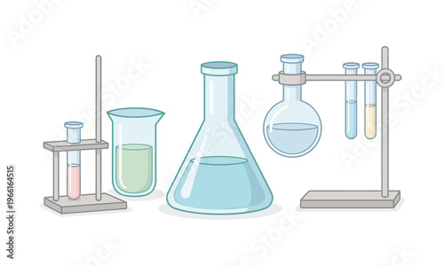 Laboratory equipment with beaker and test tubes on stands in science lab
