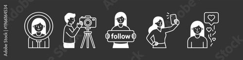 Set of white influencer and content creator icons on dark background, featuring vlogging, professional photography, social media follow call to action, taking selfies, and receiving likes.