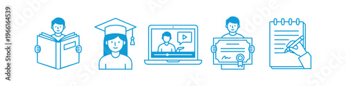 A set of blue line icons depicting various stages of education and learning, including reading a book, graduation, online courses on a laptop, receiving a diploma, and taking notes.