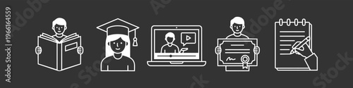 Educational line icons banner on a dark background including symbols for reading, graduation, online learning, certification, and writing. Perfect for academic projects and e-learning websites.