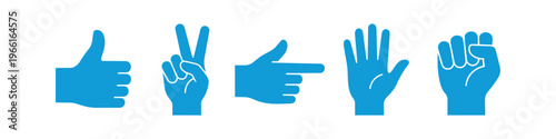 Set of blue hand gesture icons featuring thumbs up, peace sign, pointing finger, open palm, and clenched fist. Vector silhouette hand symbols isolated on a white background.