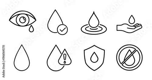Water drop and hygiene outline icon set featuring eye tear checkmark and protection shield for environment resource more vector illustration on editable stroke.
