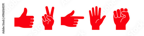 Set of red hand silhouettes: thumbs up, victory sign, pointing, open palm, and fist. Versatile vector icons for communication, social media, and interface design.