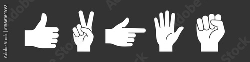 Set of white hand gesture icons on a dark background featuring thumbs up, peace sign, pointing finger, open palm, and clenched fist silhouettes in a minimalist flat vector style.