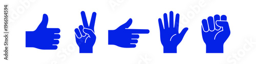 Minimalist blue hand gesture icon set including thumbs up, peace sign, pointing finger, open palm, and fist. Flat vector illustrations isolated on white for web, UI, and social media design.