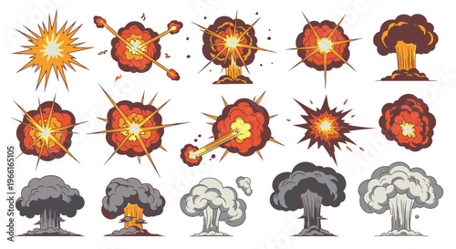 Collection of various explosion and mushroom cloud graphics.