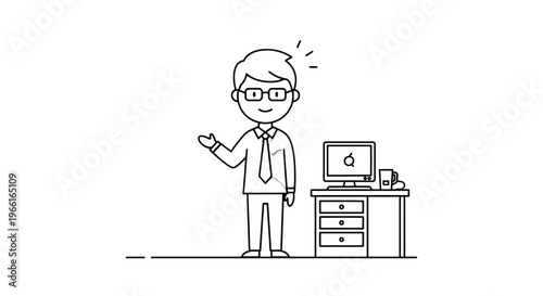 A cartoon man in glasses standing by office desk with computer.