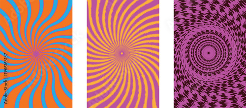 Set of three psychedelic background posters with vibrant spiral and sunburst patterns Vector