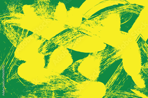Abstract art featuring vibrant yellow brushstrokes on a textured green background with pixelated effects. Vector