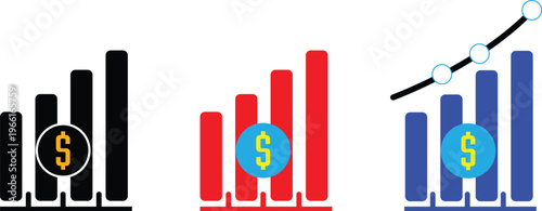 Three different styles of financial growth bar charts showing increasing revenue trends. Vector