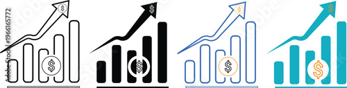 Four variations of a financial growth bar chart with an upward arrow and dollar sign icon. Vector