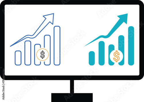 Financial growth and data analysis illustrated on a computer monitor screen with bar charts Vector