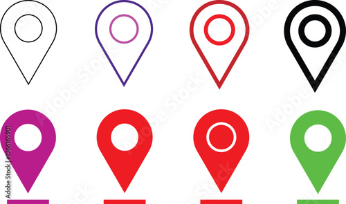 Collection of colorful map location pin icons in outline and solid styles on white background Vector