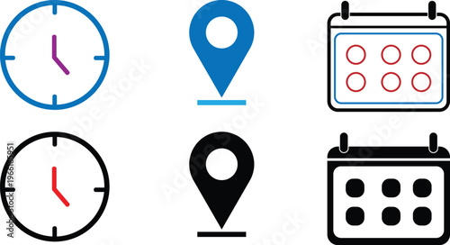Set of minimalist icons representing time location and date in outline and solid styles Vector