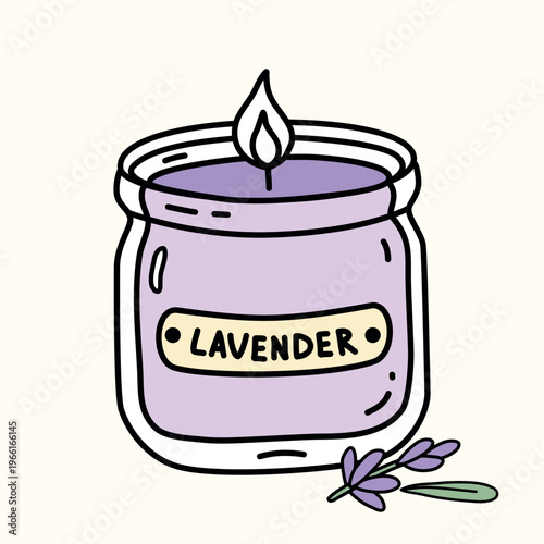 Hand drawn vector illustration of a lavender scented aroma candle in a glass jar with a burning wick and botanical sprig. Lavender flower detail on the label. Cute simple doodle style on a clean backg
