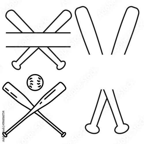 Baseball Bat Split Monogram and Crossed Bats with Ball Outline Vector Set for Custom Name Designs