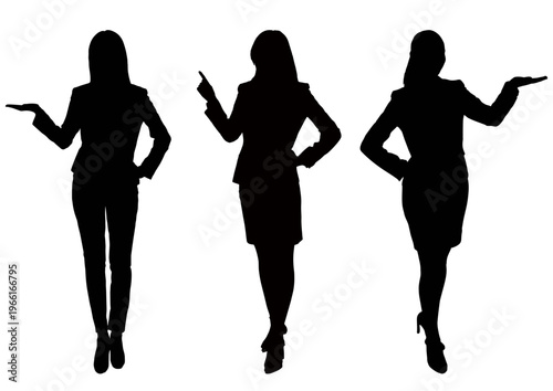 ビジネスウーマンのシルエット バラエティセット 案内・指差し・提案のポーズ 解決と自信のコンセプト