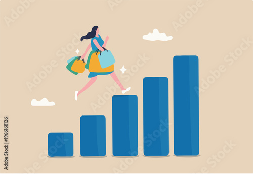 Customer lifetime value, calculation or key metric to analyze cost to acquire new customer, advertising or marketing cost concept, young customer woman with shopping bags walk on CLV graph