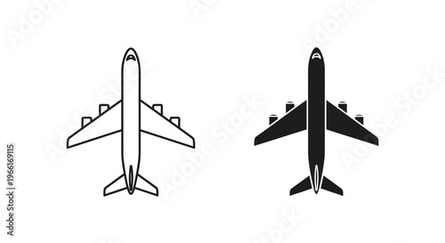 Two commercial airliner icons show different styles, one outlined and one filled with black, viewed from a top perspective.