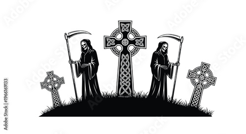Two grim reapers stand beside large Celtic crosses on a small mound of earth depicting dark spiritual mortality.