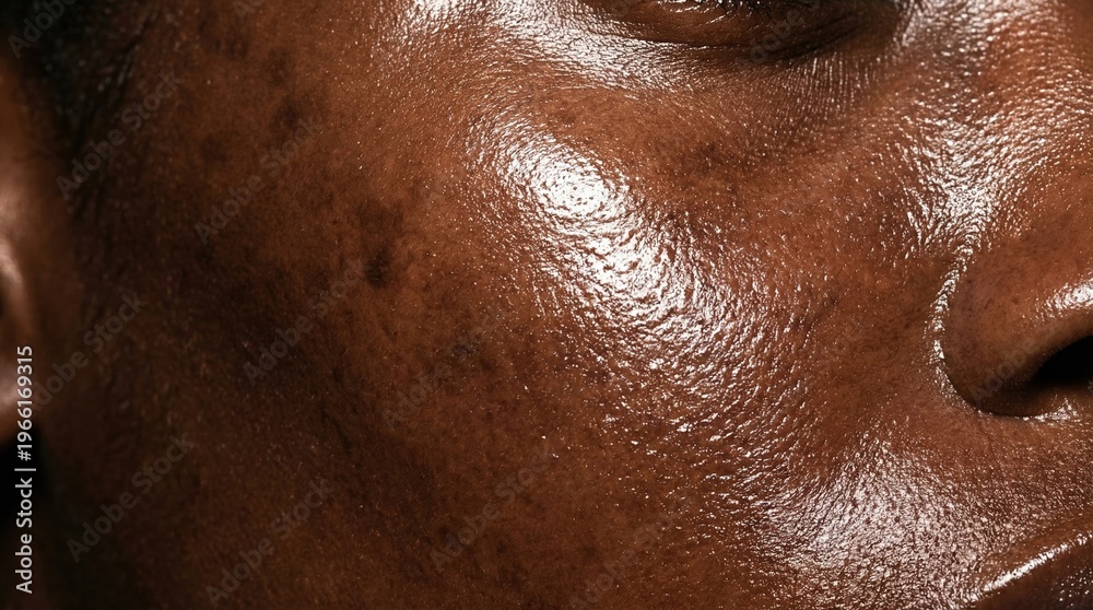 Fototapeta premium Extreme close up of dark skin with hyperpigmentation and oily texture. Represents real skin concerns and dermatological health. Perfect for skincare advertisements or medical articles.