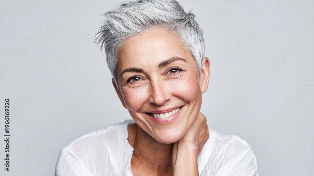 Fototapeta premium Smiling mature woman with short gray hair poses for a studio portrait.