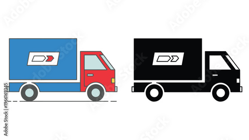 Stylized illustration of two delivery trucks one in color and one in monochrome