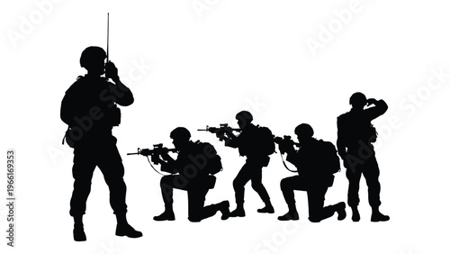Silhouette of soldiers with weapons one communicating via radio high quality