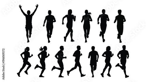 A group of silhouetted people are depicted running and exercising outdoors