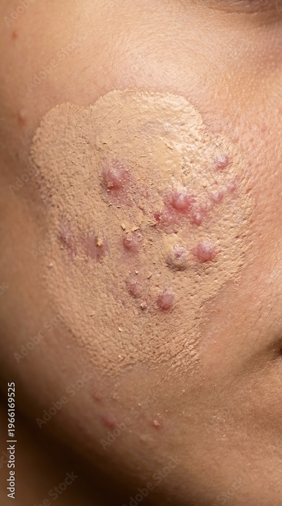 Fototapeta premium Close-up of foundation applied over severe acne and pimples on a face. It highlights the struggle of sensitive skin and the attempt to mask imperfections. Ideal for dermatology or beauty blogs.