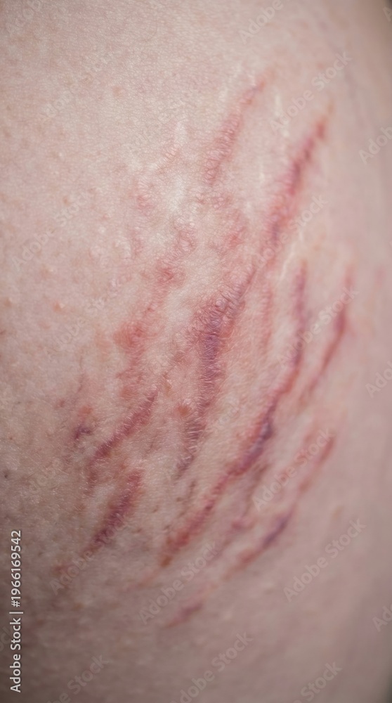 Fototapeta premium Close-up view of red and purple stretch marks on light skin. Represents skin changes and body reality. Ideal for medical, dermatology, or body positivity content.