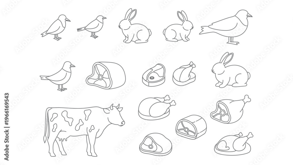 Fototapeta premium Line drawing of animals meat products and farm elements in a simple style