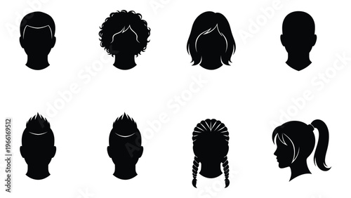 Silhouettes of diverse hairstyles displayed as black shapes against a white background