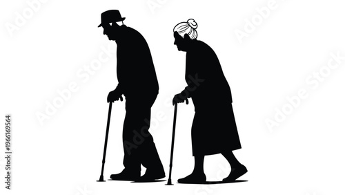Silhouette of an elderly couple walking side by side using walking sticks for support