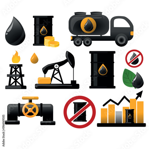 Oil and gas industry vector icon set, petroleum production and trading symbols