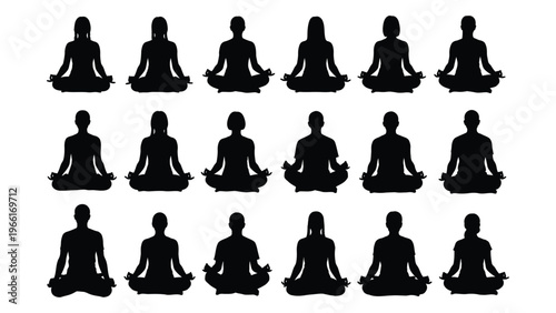 A collection of black silhouettes depicting people meditating in lotus position