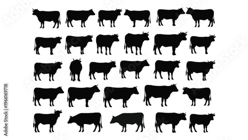 A collection of black silhouettes depicting various cows in different poses