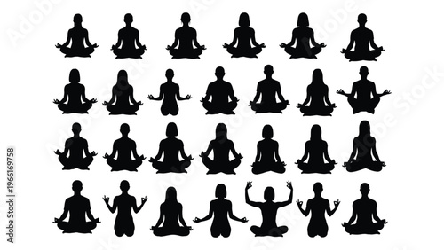 Silhouettes of people meditating in various yoga poses against a white background