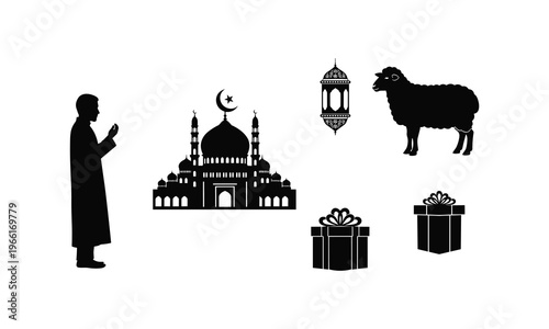 Eid al-adha holiday vector silhouette illustration, praying man, mosque, sheep, lanterns, gifts