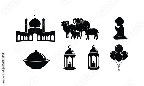 Eid al-adha collection vector silhouette illustration, mosque, sheep, praying child, lanterns