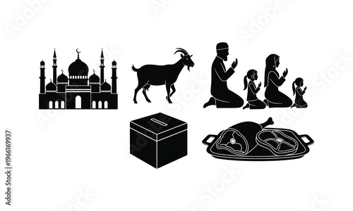 Eid festival traditions vector illustration with family praying goat and meat tray silhouette