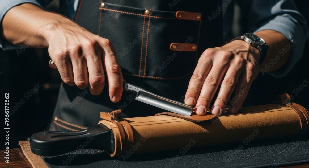 Fototapeta premium Craftsman honing straight razor on leather strop in workshop