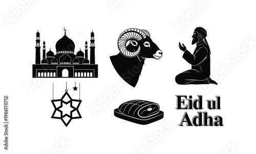 Islamic holiday Eid ul Adha vector silhouette ram mosque prayer gifts and food