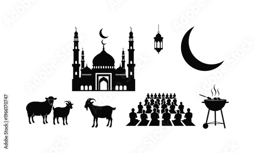 Islamic holiday elements set vector illustration with mosque congregational prayer and bbq