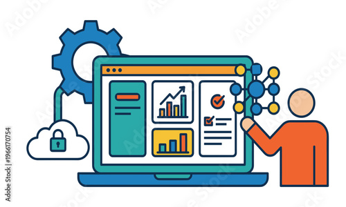 AI Business Automation and Analytics Dashboard Flat Vector Illustration

