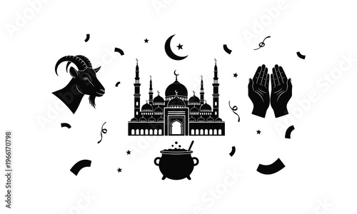 Islamic vector silhouette mosque goat praying hands cauldron confetti stars